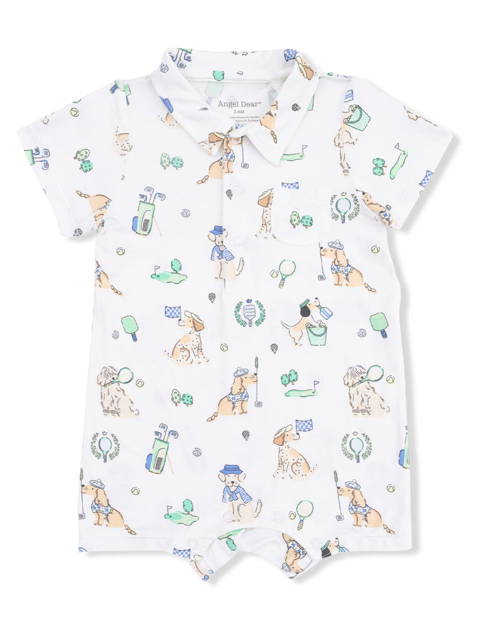 White short-sleeve romper with playful dog and golf-themed patterns for infants.