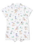 White short-sleeve romper with playful dog and golf-themed patterns for infants.