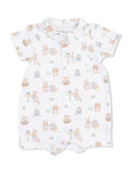 White baby romper with pastel bunny and Easter egg pattern and a collared neckline. Perfect for springtime outings.