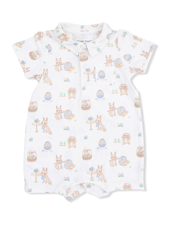 White baby romper with pastel bunny and Easter egg pattern and a collared neckline. Perfect for springtime outings.