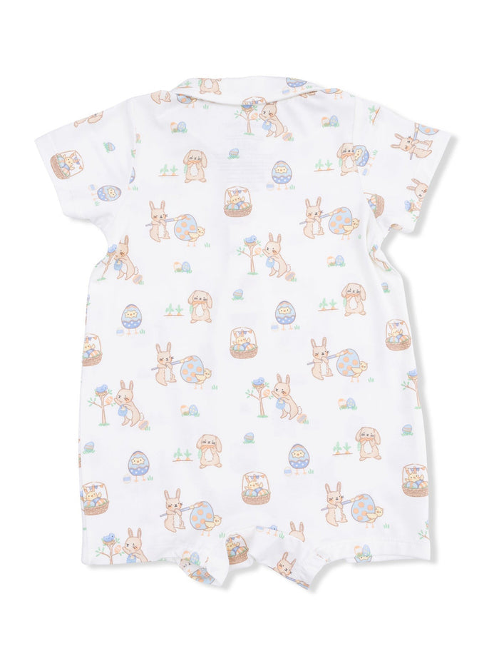 Child's short-sleeve romper featuring cute animals and Easter-themed patterns in pastel colors.