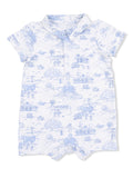 Light blue patterned romper featuring scenic illustrations of outdoor activities on a white background.