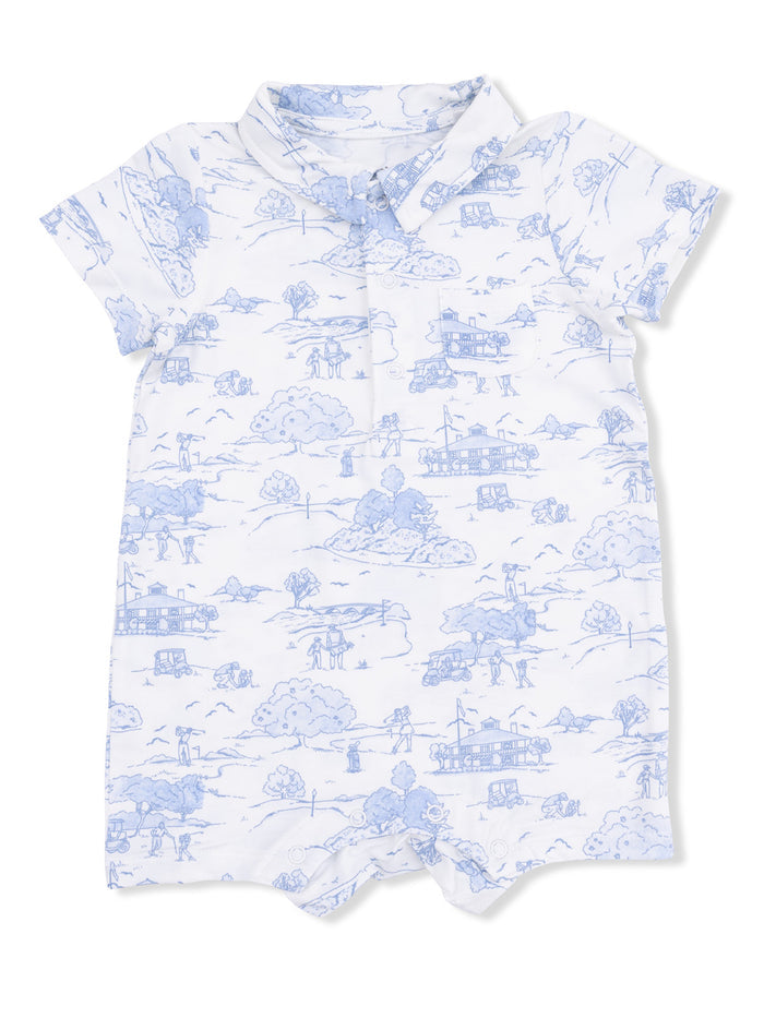 Light blue patterned romper featuring scenic illustrations of outdoor activities on a white background.