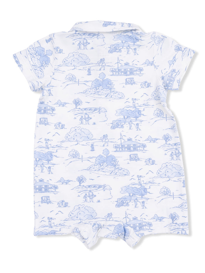Light blue short-sleeve romper with landscape and outdoor activity illustrations on a white background.