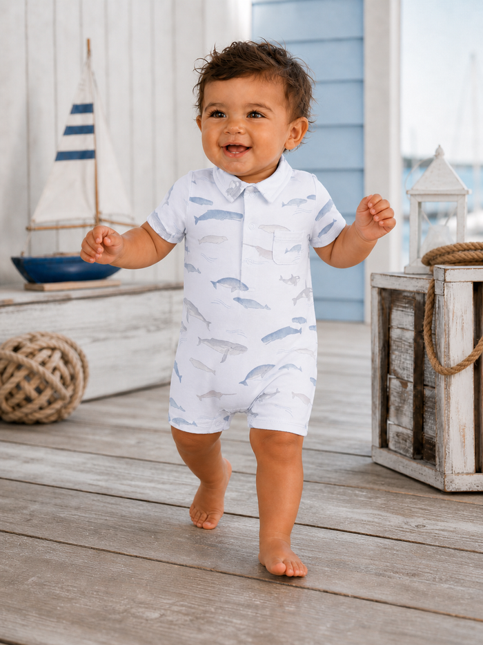 Smiling toddler in a whale-patterned outfit walking on wooden deck with nautical decor in the background.