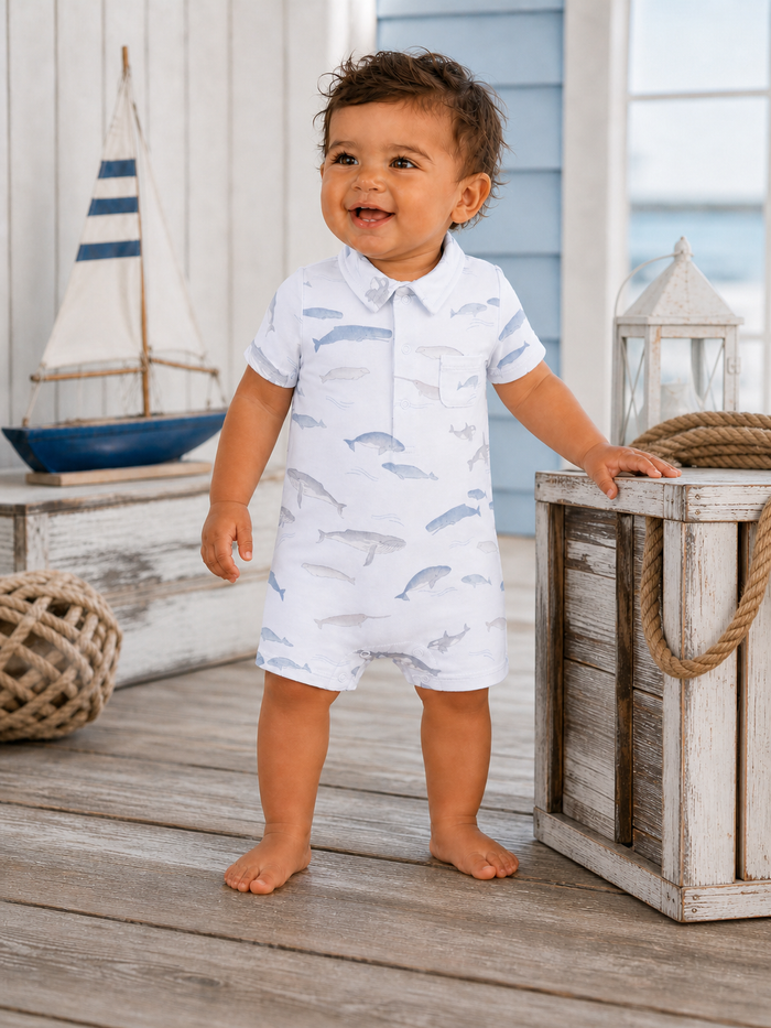 Smiling toddler in a fish-patterned romper, standing on wooden floor with nautical decor in the background.