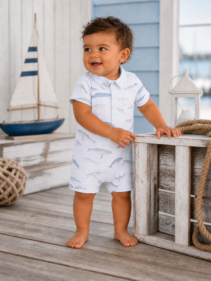 Smiling toddler in whale-patterned romper, standing by wooden crate and sailboat decor on a sunny, outdoor setting.