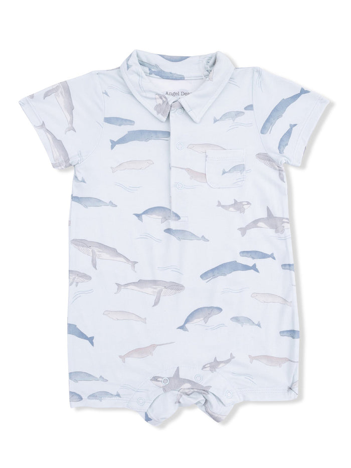 Light blue romper with whale patterns, featuring a collar and buttons, perfect for infants or toddlers.