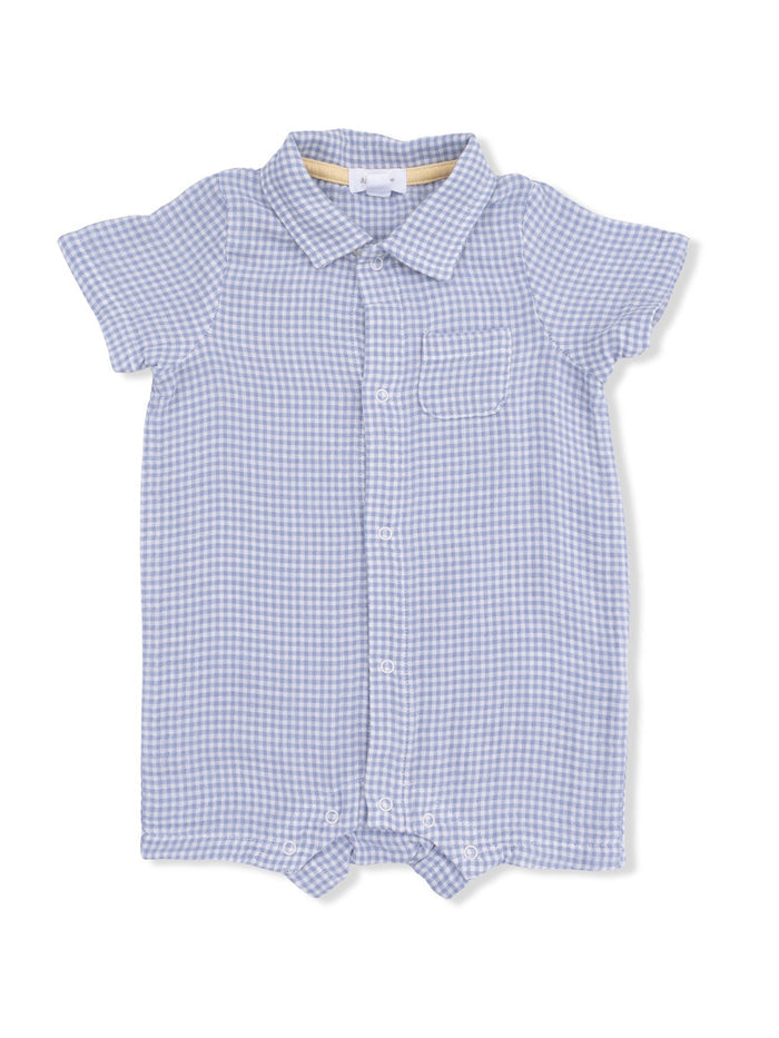 Light blue gingham short-sleeve baby romper with a collar and front pocket.