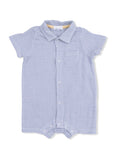 Light blue gingham short-sleeve baby romper with a collar and front pocket.