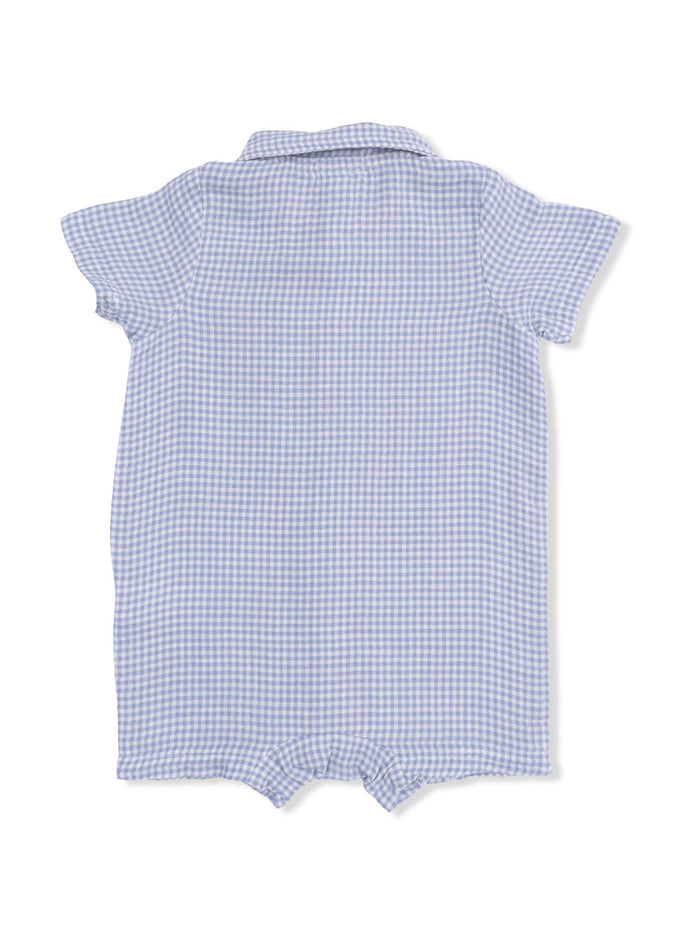 Baby romper in blue and white gingham, short sleeves, and button-down collar, viewed from the back.