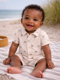 Smiling baby in a palm tree patterned romper sitting on a beach blanket by the ocean.
