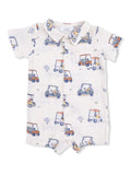 Light-colored baby romper with golf cart prints and short sleeves, featuring a collar and button closure.