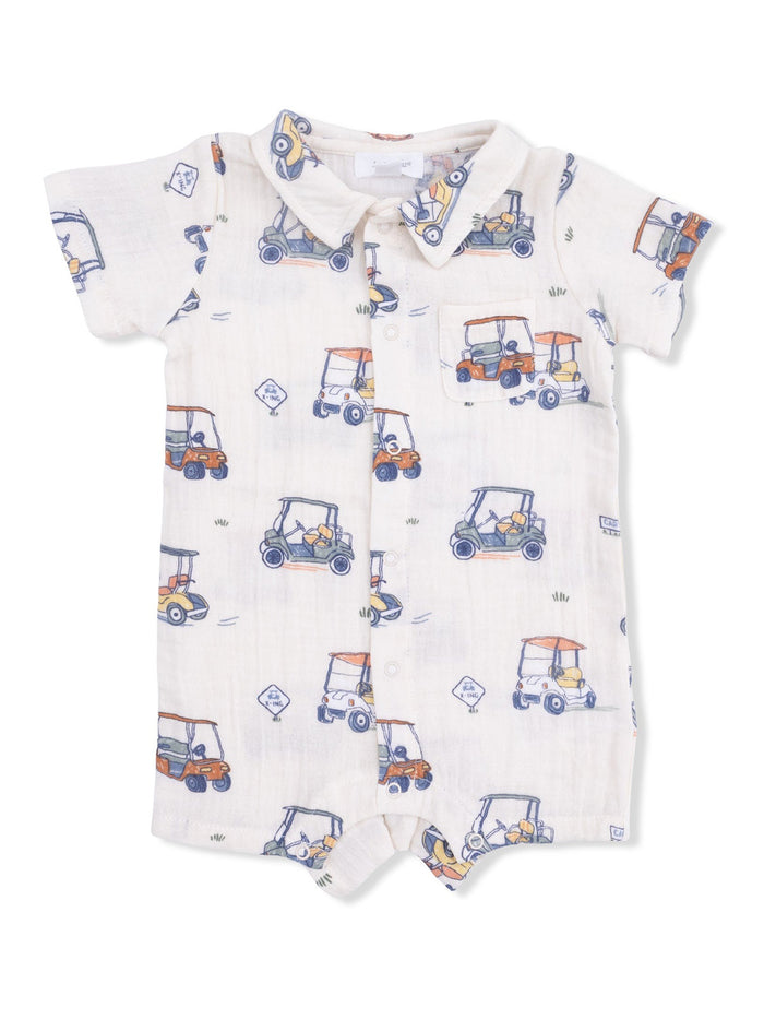 Light-colored baby romper with golf cart prints and short sleeves, featuring a collar and button closure.
