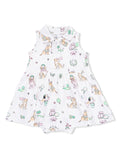 White dress with playful dog and ice cream patterns, featuring a collared neck and skirted design.