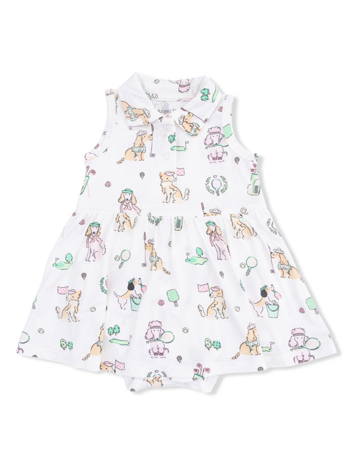 White dress with playful dog and ice cream patterns, featuring a collared neck and skirted design.