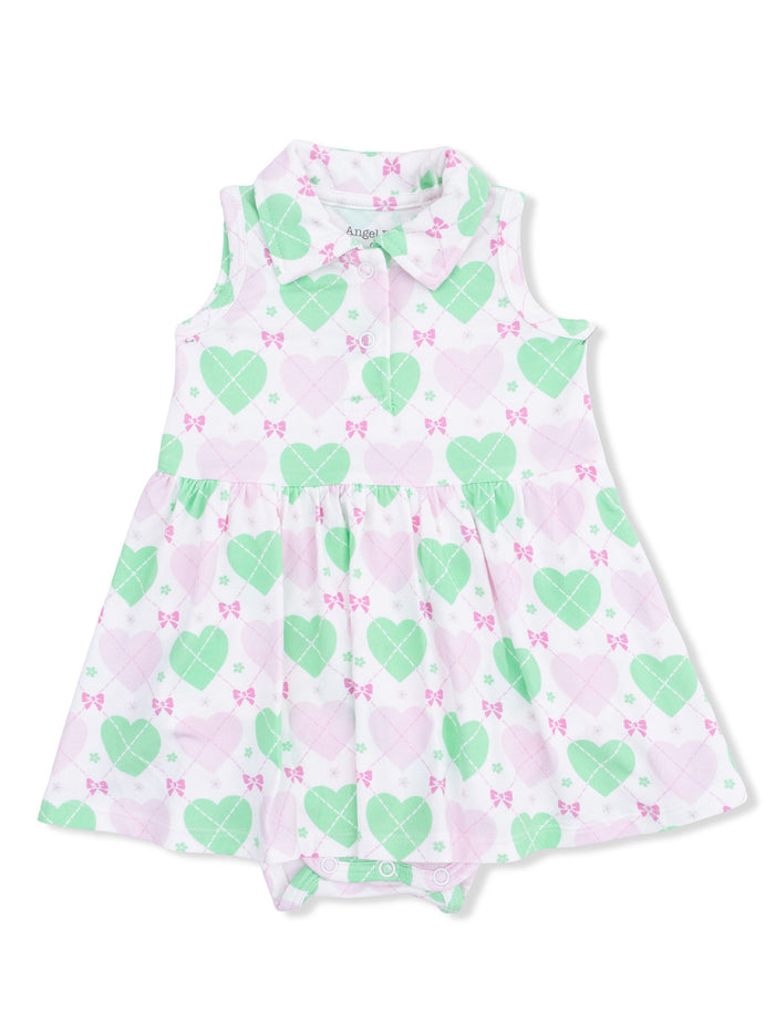 Toddler dress with green and pink heart pattern and bows, featuring a collared neck and skirt.