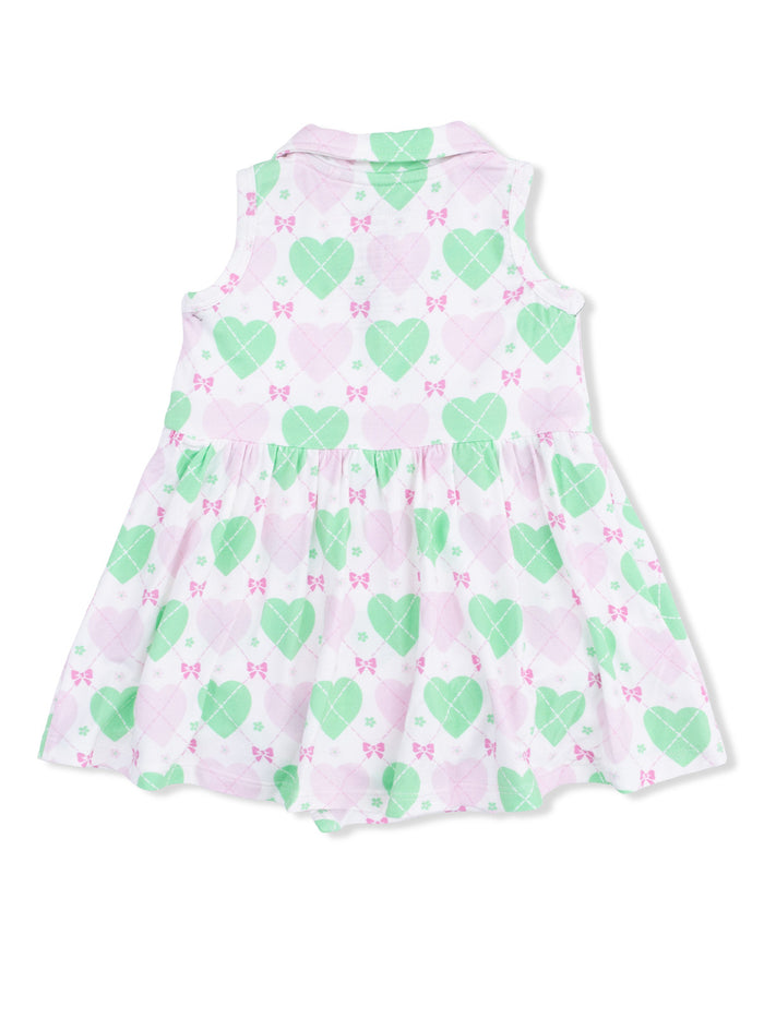 Girls' sleeveless dress featuring a pastel heart and bow print in green and pink shades.