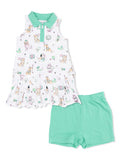 Girls' two-piece outfit featuring a dog-print dress with a collar and matching green shorts.