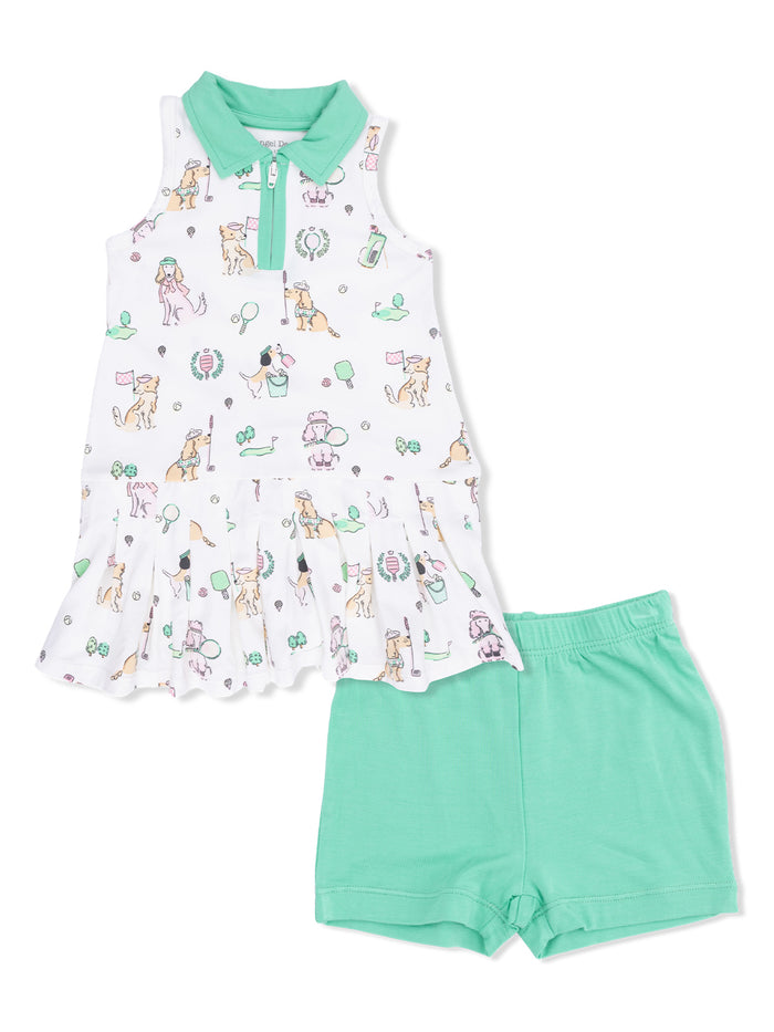 Girls' two-piece outfit featuring a dog-print dress with a collar and matching green shorts.