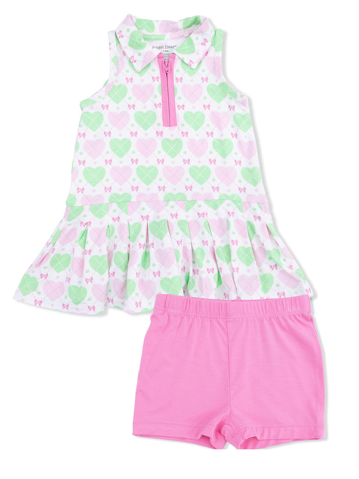 Girls' dress set featuring a heart-patterned top in pink and green with matching pink shorts.