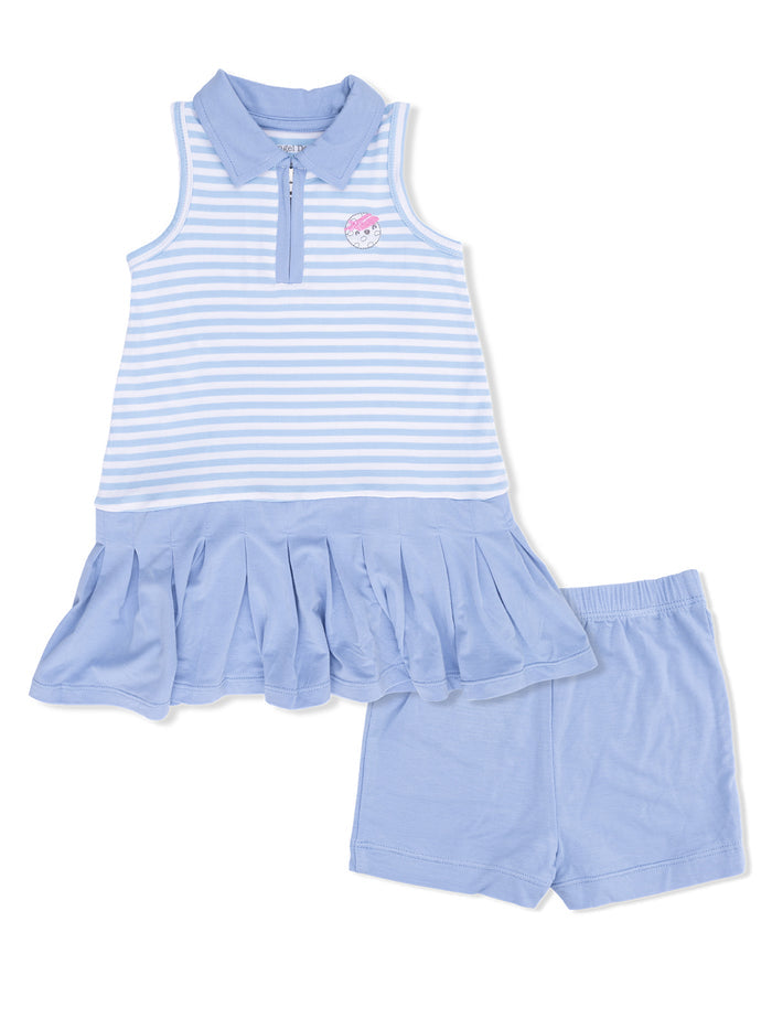 Light blue sleeveless dress with striped top and a pleated skirt, paired with matching shorts. Perfect for summer.
