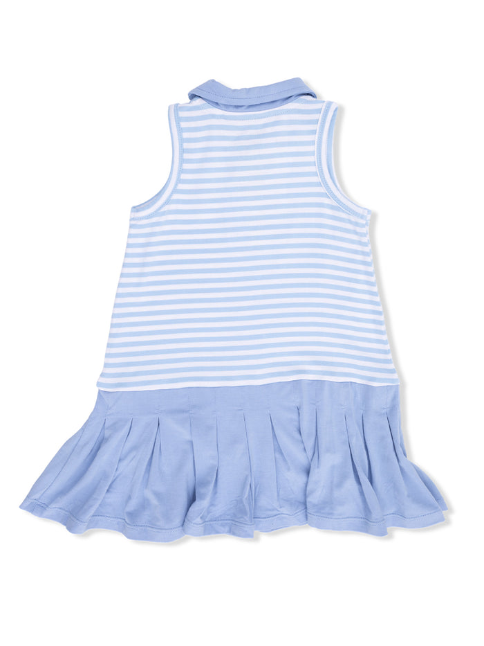 Light blue striped dress with a pleated bottom and collar, shown from the back.