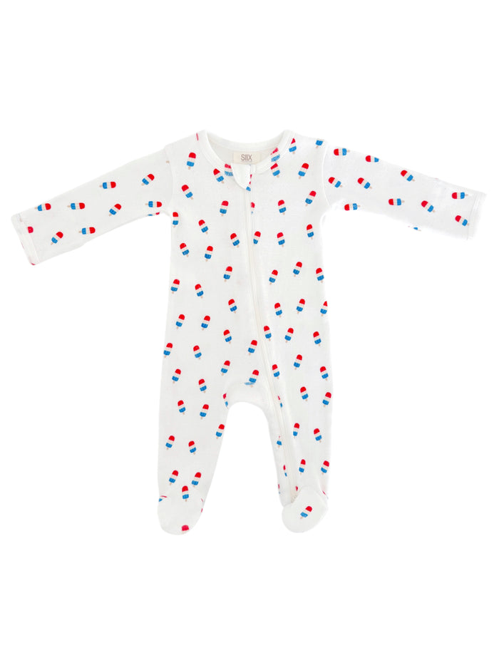 White baby onesie with colorful ice cream cone print, featuring long sleeves and a full zipper.