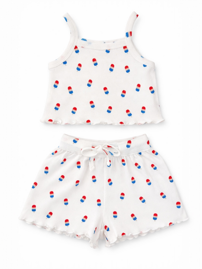 White kids' pajama set featuring red, white, and blue popsicle patterns on a tank top and shorts.