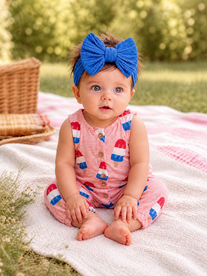 Baby sitting on a blanket outdoors, wearing a pink outfit with popsicle patterns and a blue bow headband.