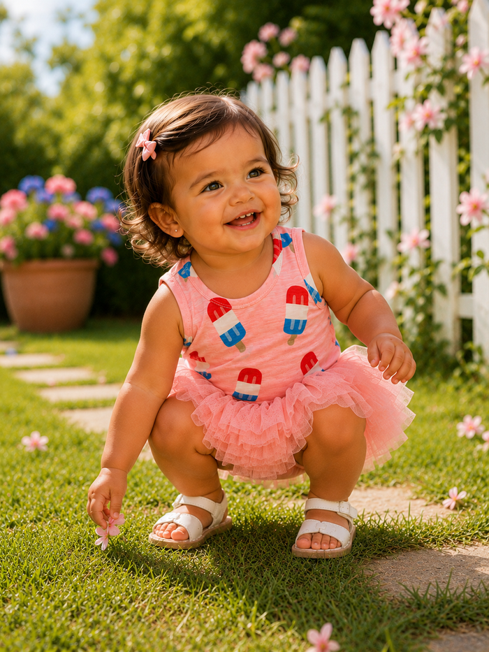 Smiling toddler in a pink dress playing in a garden with flowers and a white picket fence.