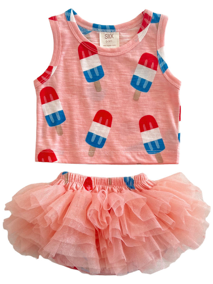 Pink toddler outfit with popsicle print tank top and a fluffy pink tutu skirt. Perfect for summer fun.