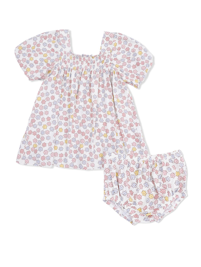 Floral-patterned baby dress and matching bloomer set in pastel colors on a white background.