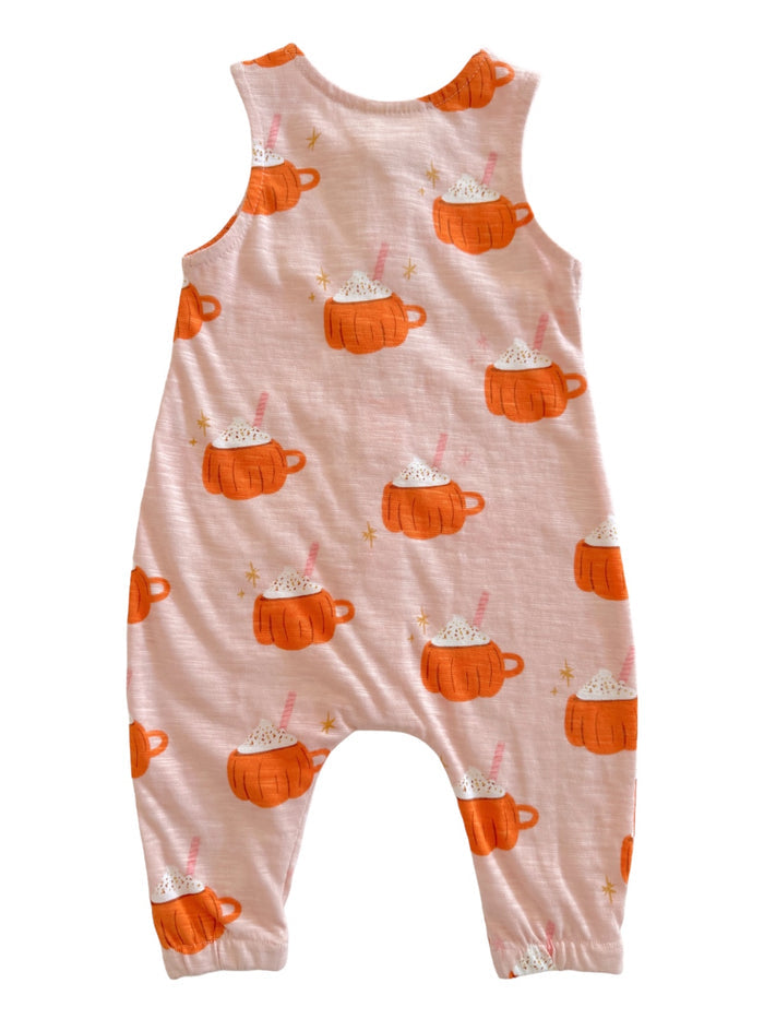 Pink romper with orange pumpkin mugs and white whipped cream design, ideal for cozy fall wear.