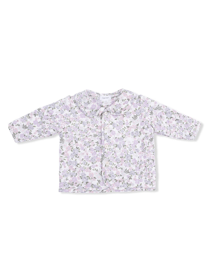Light purple floral button-up baby blouse with a Peter Pan collar and long sleeves.