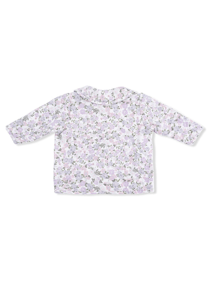 Floral-patterned light shirt with long sleeves, displayed from the back on a white background.