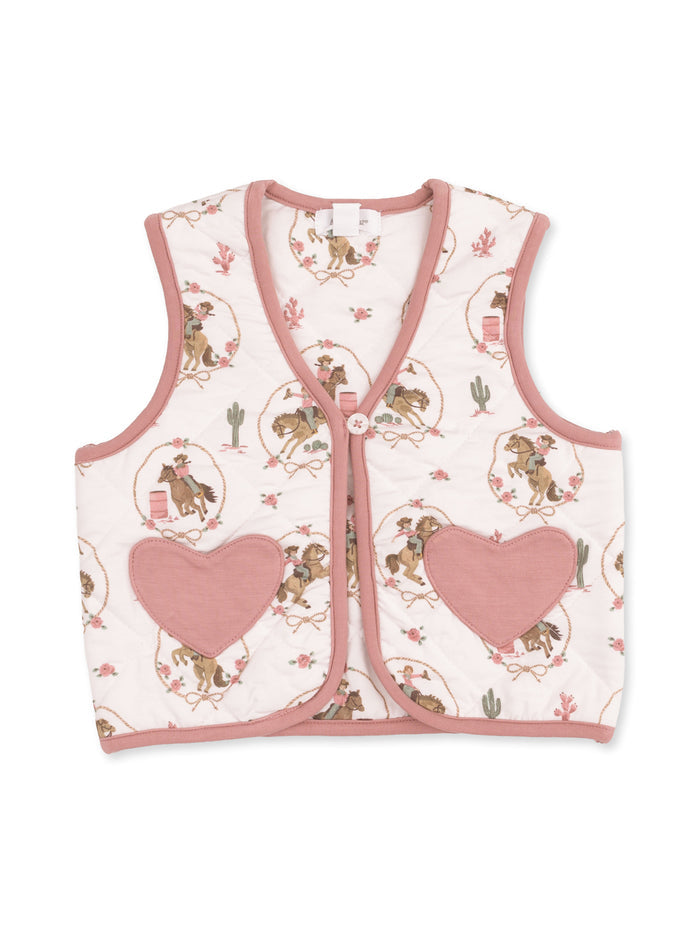 Quilted children's vest featuring western-themed prints, pink trim, and heart-shaped pockets.