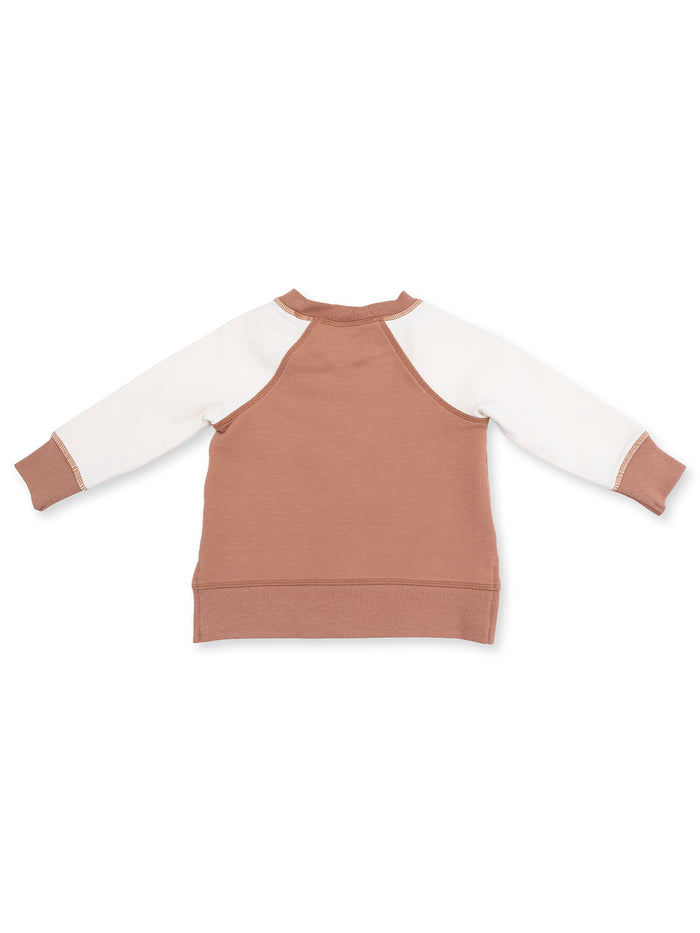Back view of a brown and cream toddler sweatshirt with raglan sleeves. Ideal for casual wear.