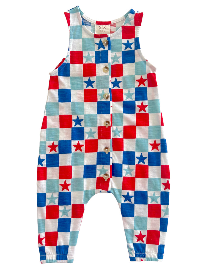 Colorful children's romper featuring a checkered pattern with red, blue, and aqua squares and star motifs.