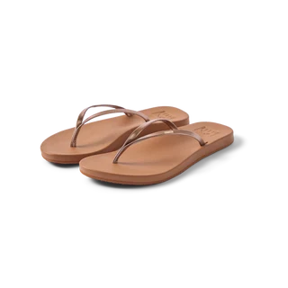 Pair of tan flip-flops on a white background