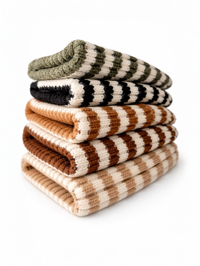 Stack of knitted striped blankets in earthy colors on a white background.