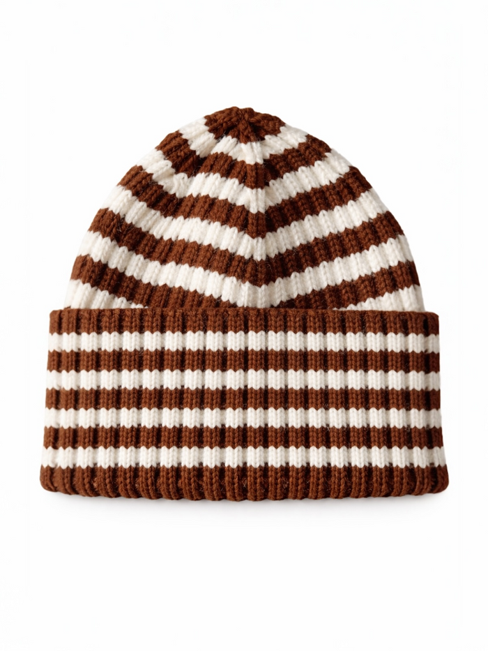 Brown and white striped knit beanie with a ribbed cuff.