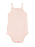 Light pink ribbed baby bodysuit with thin straps and snap closures at the bottom.
