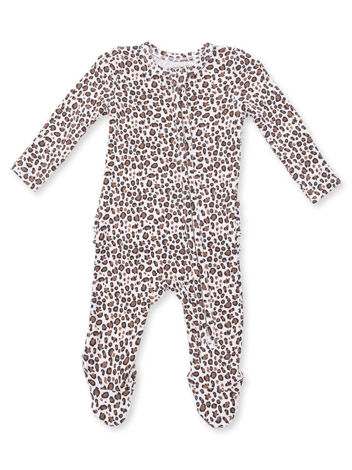 White baby onesie with leopard print pattern and long sleeves, featuring a front snap closure.