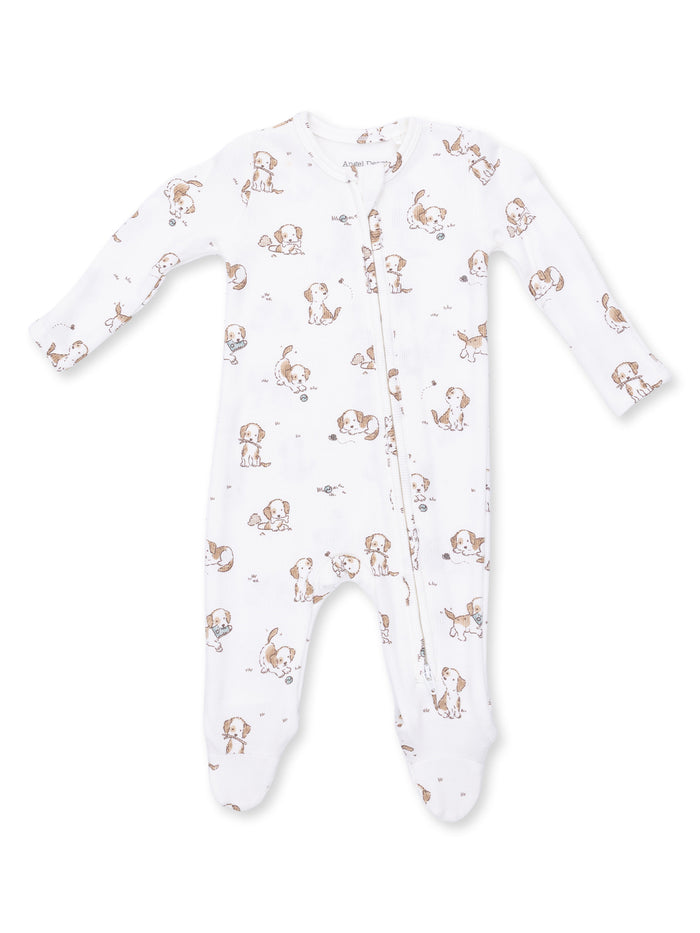 Infant onesie with playful puppy print on a white background, featuring long sleeves and a front zipper.