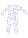 White baby onesie with blue animal illustrations and a front zipper for easy dressing. Ideal for infants.