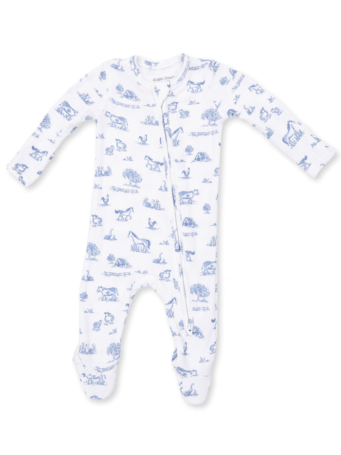 White baby onesie with blue animal illustrations and a front zipper for easy dressing. Ideal for infants.