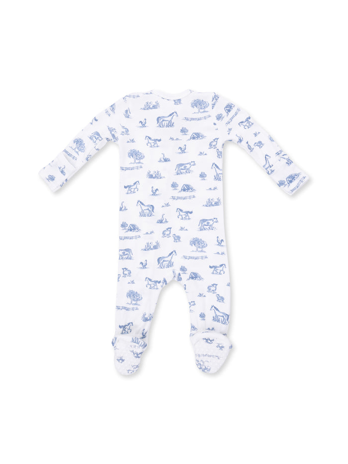 White baby onesie with blue animal and nature patterns, featuring long sleeves and footed design.