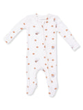 White baby onesie with basketball and hoop pattern, featuring a front zipper and long sleeves.