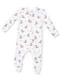 White infant onesie with brown cowboy boots and blue stars pattern, featuring long sleeves and a front zipper.
